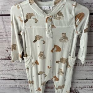 Angel Dear // Bamboo Woodland Animals Long Sleeve Henley Romper with Pockets